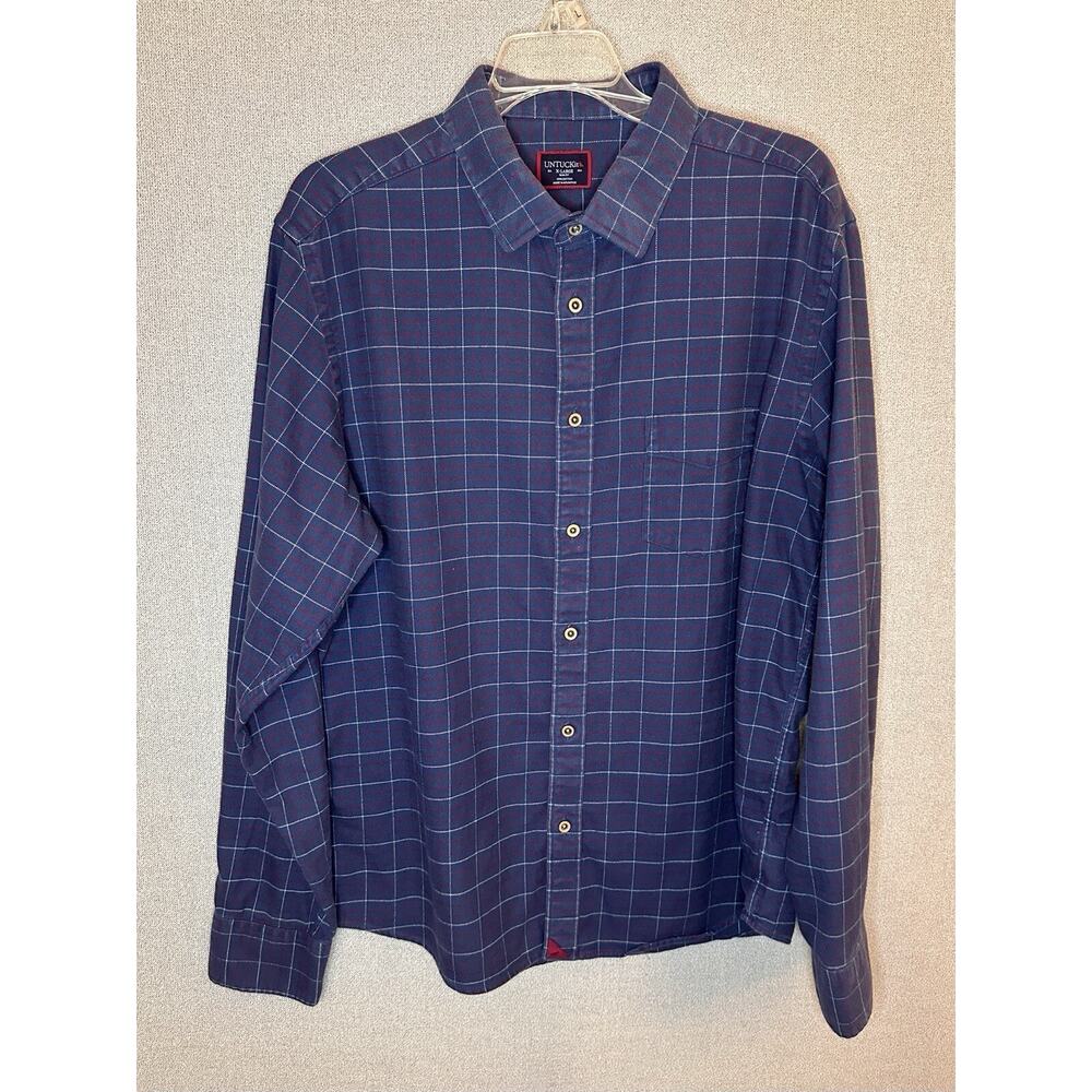 Untuckit Men’s Balar Flannel Shirt Navy Blue & Red Soft Plaid Size XL Slim Fit